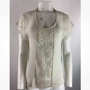 Vintage Vivienne By Vivienne Tam Sz L Sequined Panel Sheer Blouse Cream